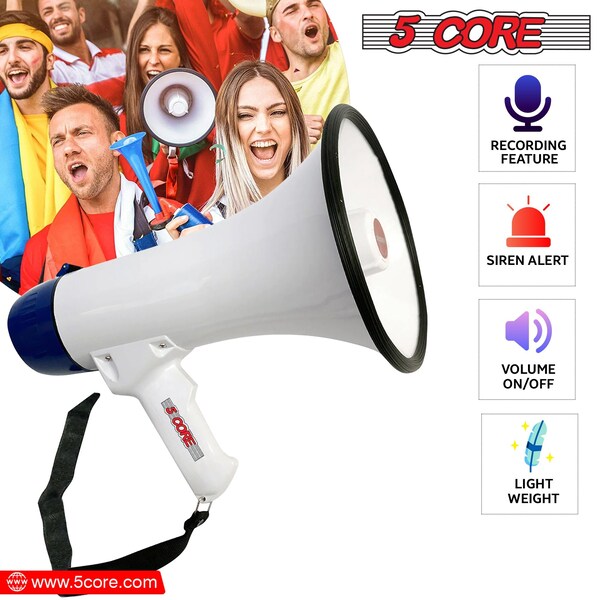 5 Core Megaphone Handheld Bullhorn Rechargeable With Battery Cheer Loudspeaker Bull Horn Speaker Megaphono Siren Sling Strap Portable 20R WOB